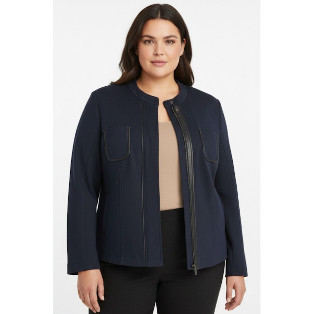Lane Bryant dark navy blue zip up jacket with faux leather trim plus sz 18 367